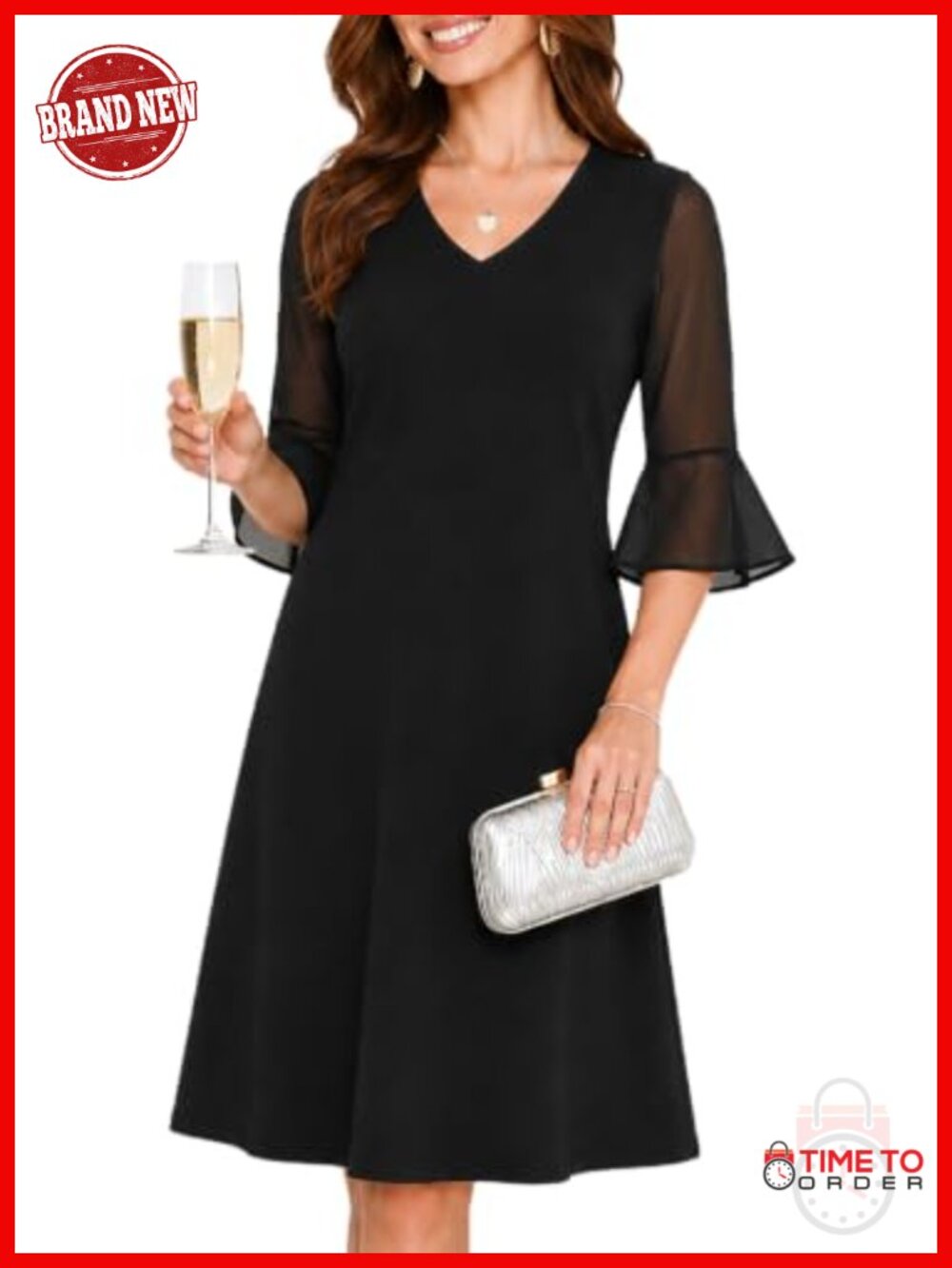 Women's Chiffon A-Line Cocktail Dress Bell Sleeves Knee Length V-Neck